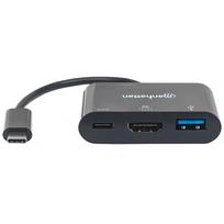 Manhattan USB-C Dock/Hub, Ports (x3): HDMI, USB-A and USB-C, 5Gbps (USB 3.2 Gen1 aka USB 3.0), With Power Delivery (60W) to USB-C Port (Note additional USB-C wall charger and USB-C cable needed), Universal for all devices, Black, Equivalent to CDP2HDUACP