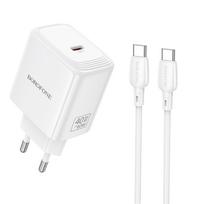 Borofone BN33 Fuente GaN USB-C tinklo įkroviklis QC3.0 PD 40W su USB-C laidu baltas