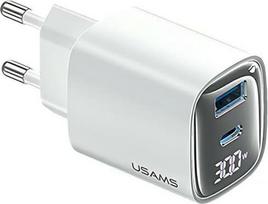 Usams Charging 30W GaN LED USB+USB-C CC229 white