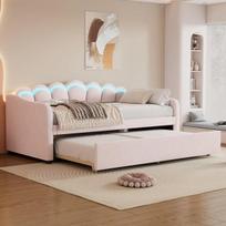 Daybett 90x200 cm, ištraukiama sofa-lova, aksomas, spalvotas LED, nuotolinio valdymo pultas, rožinė