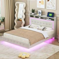 Polsteriuota lova 140x200 cm su USB ir LED, linų audinys, beige