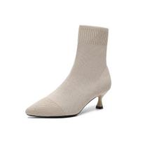 Moteriški aštrių pirštų kojinės tipo ankle boots, žemu kulnu, įsispiriami, kvėpuojantys, tamprios bootie batai moterims, komfortiški, su kitten kulnu, įtraukiami, megztos, oficialios boot batai 34 šviesios abrikoso spalvos