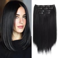 14 Short Clip-In Hair Wig Extensions 4pcs of Straight Soft Synthetic Hairpieces for Women in Black Brown 35CM