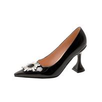 Krazing Pot PU Pointed Toe High Heels Summer Crystal Buckle Shoes Big Size 43 Office Lady Women Shallow Pumps 34 juoda