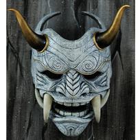 Red Hannya Mask Headgear with Red Ghost Face and Fangs, Japanese Style Halloween New Product Cosplay Props Gray（Horn style）