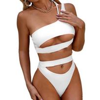 2Pcs/Set Women Sexy Bikini Set One Shoulder Hollow Sling Bra High Waist Swim Briefs Set S balta