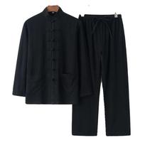 Vyriškas medvilnės ir lino Tang kostiumas ilgomis rankovėmis Retro sagomis Vyriški drabužiai Vidutinio amžiaus ir vyresniems Laisvas Tai Chi kostiumas XS juoda