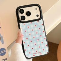 Gold-plated Blue Checkered Heart-shaped Apple IPhone 17 Pro Max Phone Case, Compatible with IPhone 16, 12, and 15 Magnetic Stand Phone Case iphone 17pro max