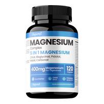 Magnis 5 viename 400 mg, 5 magnio šaltiniai: glicinatas, citratas, pidolatas, karbonatas, malatas, aukščiausios kokybės maisto papildo tabletės, be GMO 120