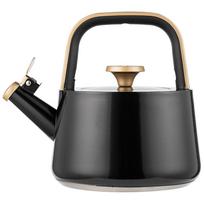 Virdulys Juodas 1.8L Plokščiu dugnu Ting puodas Nerūdijančio plieno švilpiantis puodas Auksinė rankena 1.8l black