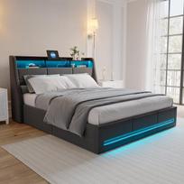 Lova 140 × 200 cm, su LED apšvietimu ir USB sąsaja, hidraulinė lova, su vieta daiktams susidėti, pilka