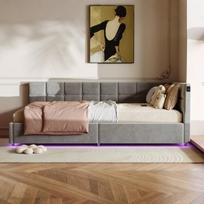 Lova 90*200 cm, su LED apšvietimu ir USB jungtimi, viengulė lova, pilka, aksomas