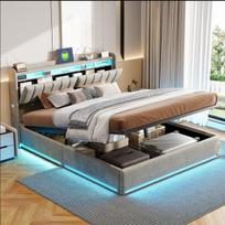 Lova 140×190 CM, su LED apšvietimu ir USB sąsaja, hidrauliniu pakėlimo mechanizmu, pilka, aksominė