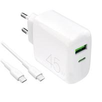 Įkroviklis USB-C ir USB-A 45W su USB-C laidu baltas
