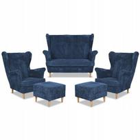 Bonito sofų komplektas su foteliais ir pufais Family Furniture tamsiai mėlynos spalvos