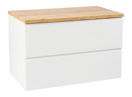 Pakabinama balta vonios spintelė su stalviršiu 60 cm, blizgus paviršius, MDF, 2 stalčiai