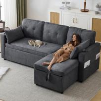 L formos sofa, su miegojimo funkcija, sofa-lova, poilsio fotelis, pilka