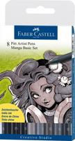 Faber-castell Pitt Artist Pen Manga rinkinys, 8 vnt., Faber-Castell Pitt Artist Pen India ink pen, wallet of 8, Manga Basic set