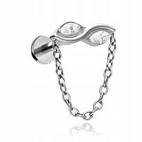 Titano labret auskaras su cirkoniu ir grandinėle, sidabro spalvos 1,2/8mm