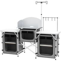 "Outsunny Camping Kitchen" sulankstoma virtuvė "Windbreak" 3 spintelės 3 stalviršiai Reguliuojamas šviesos stovas Camping Garden Aluminium Oxford Grey