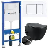 DOMOTECHNIKA rinkinys: CREAVIT Freedom 51X35,5 cm pakabinamas tualetas su bidė, sėdynė, matinis juodas + rėmas ir GEBERIT mygtukas, baltas