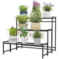 "Outsunny" 3 pakopų augalų stovas, gėlių stovas patalpoje lauke, metalinis augalų stovas, daugiapakopis gėlių stovas, 66 cm aukščio gėlių laiptai gyvenamajame kambaryje, sodo balkono apdaila, juoda, Juoda