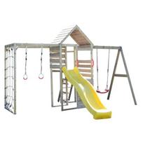 Vaikų medinis žaidimų aikštelės bokštas su sūpynėmis, čiuožykla, laipiojimo tinklu, Wendi Toys M41 Climb Tower Set