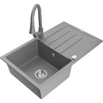 Mexen Bruno granito plautuvė su 1 skyriumi ir nutekėjimu bei virtuviniu maišytuvu Elia, pilka - 6513-71-670101-71, 795x495x200 mm