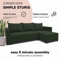 Kampinis išskleidžiamas sofos su dėžute „Simple Sturis“, „Podrez“, turkio-žalios spalvos