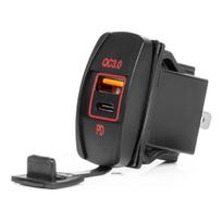 Vandeniui atsparus telefono įkroviklis su raudonu LED apšvietimu, USB + USB C QC3.0 12/24V AMIO-04229