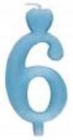 Mėlyna torto žvakutė "6" su širdelės formos pagrindu