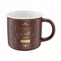 Porcelianinis puodelis Morning Brew 380ml, rudas su aukso užrašais