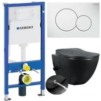DOMOTECHNIKA rinkinys: CREAVIT Freedom 51X35,5 cm pakabinamas tualetas su bidė, sėdynė, matinis juodas + rėmas ir GEBERIT mygtukas, baltas