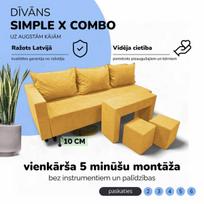 Išskleidžiamas dvigulės sofos komplektas su staliuku ir pufais Simple X Combo, Podrez, geltonos spalvos
