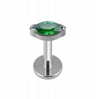 Titano labret auskaras, sidabrinė ašara, žalias akcentas 1,2/6 mm