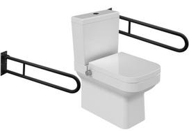 Kompaktiškas CeraStyle Noura unitazas su bidė funkcija, karšto/šalto vandens maišytuvu, 34,5x62x76,5 cm, vertikalus/horizontalus išleidimas, baltas + minkštai uždaromas sėdynės dangtis + 2x sulankstomi turėklai, 600 mm, matinis juodas