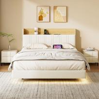 Lova 140 × 200 cm, su LED apšvietimu ir USB jungtimi, galvūgaliu su daiktadėže, balta