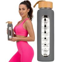 Peterson motyvacinė stiklinė vandens gertuvė su matavimo skale, pilku silikoniniu dėklu, 960 ml D69