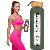 Peterson motyvacinė stiklinė vandens gertuvė su valandų žymomis, silikoniniu dėklu, 960 ml, žalia D71
