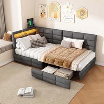 Sofa-lova 90x200 cm su 2 stalčiais - su LED ir USB - lininė - pilka