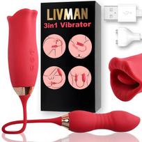 3in1 daugiafunkcis rožės dizaino vibratorius LIVMAN RF08 su liežuvėliu, 10 kandimo ir vibracijos bei 10 teleskopinių režimų