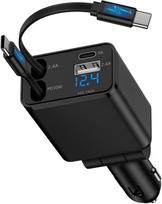 4-in-1 automobilinis įkroviklis USB-C, 12V, ištraukiamas kabelis, greitas įkrovimas (CAR-4IN1)