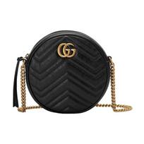 Gucci GG Marmont Juoda dygsniuota odinė apvali kameros rankinė su auksiniais grandinėlės elementais moterims kasdieniam naudojimui Basic Set (Bag+Dust Bag)