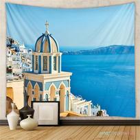 Graikija Santorinio sala Gobelenas Europa Mėlyna jūra Vaizdingas sienos menas Kambario dekoravimo elementai Namų dekoras Bendrabučio sienos pakabinamas fonas 74x94cm(29x37in)