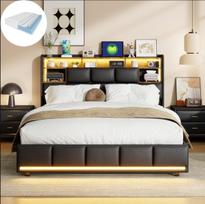 Lovos 160×200 cm, įskaitant čiužinį, LED šviesą ir USB sąsają, laikymo vietą galvūgalyje, Hidraulinis pakeliamas lovos rėmas, juodą, PU