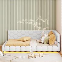 Lova 140 × 200 cm, su LED apšvietimu ir USB jungtimi, sofa-lova, balta, ėriuko vilna