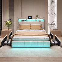Lova 140*200cm, su LED apšvietimu ir USB jungtimi, keturiais stalčiais, dvigulė lova, smėlio spalvos, aksominis audinys