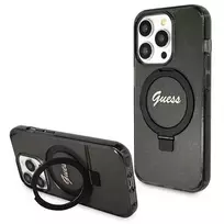 GUESS GUHMP13XHRSGSK iPhone 13 Pro Max 6.7" black hard case with Ring Stand, Script Glitter, and MagSafe