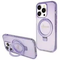 GUESS GUHMP14LHRSGSU iPhone 14 Pro 6.1" purple hard case with ring stand, script glitter, and MagSafe