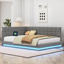 Minkšta sofa-lova 140x200 cm su LED juosta, USB lizdu ir grotelių pagrindu, pilka
